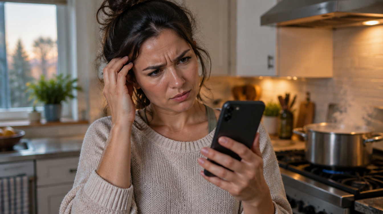 Frustrated woman in a kitchen looking at her Android phone